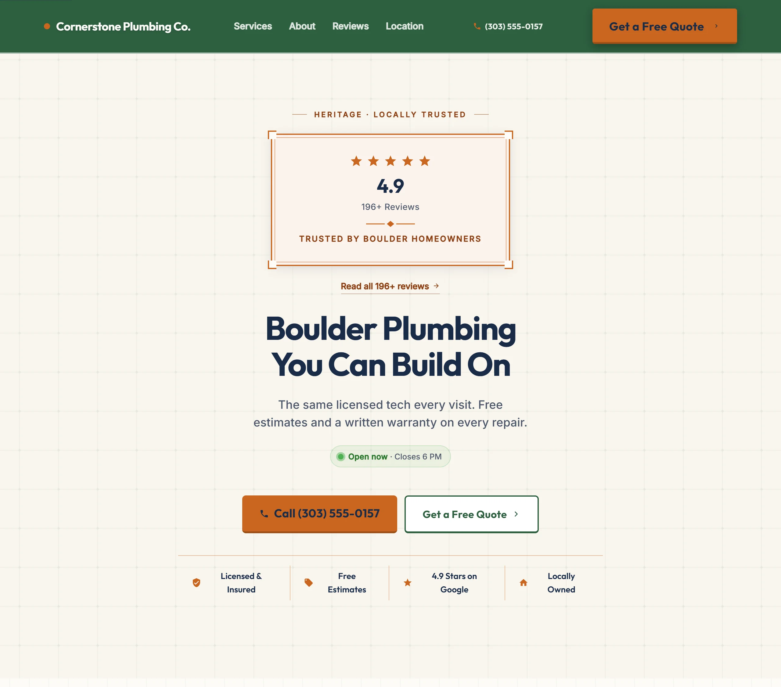 Sample plumbing website design for Cornerstone Plumbing Co.