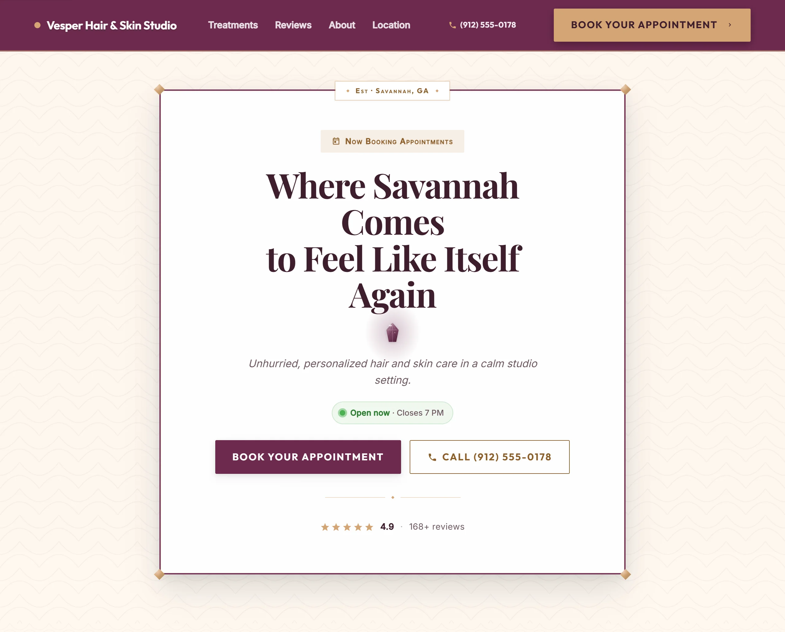 Sample salon website design for Vesper Hair and Skin Studio